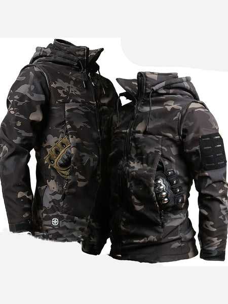 Men's Autumn and Winter Plush and Thick Fleece Suit Jacket, Long Pants, Warm Outdoor Wear Resistant Hiking, Multi Pocket Plush Suit Jacket Set, Detachable Hat Zipper Outdoor Jacket Set, Workwear Camouflage
