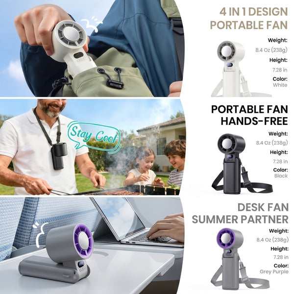 4-In-1 Portable Handheld Fan, Rechargeable Silent Cooling Fan, 199 Speeds with HD Display & Clip, USB-C Fast Charging for Summer, Office, Travel & Commuting, Black, White, Gray Purple