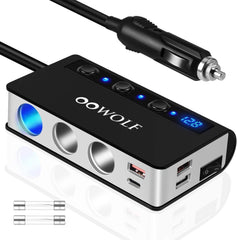 OOWOLF Cigarette Lighter Adapter 140W Cigarette Lighter USB Charger with 12V USB Socket Dual Plug/Port & Extension Lead Fast Charge for All Car Devices