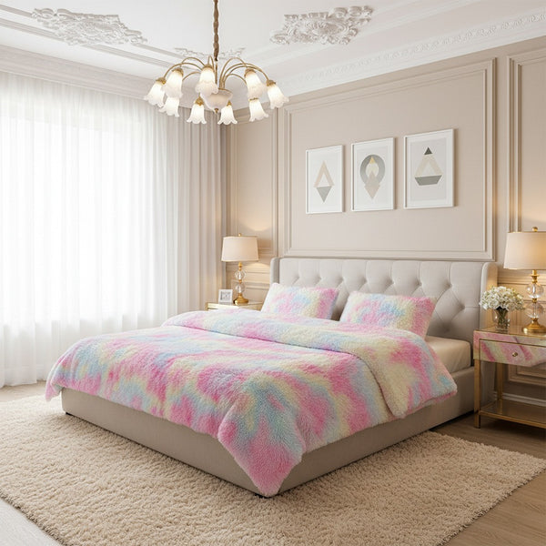 3-Piece Fluffy Tie Dye Duvet Cover Set - Pink Dreamy Princess Style, Romantic Enchanted Glamorous Bedding (1 Duvet + 2 Pillow Shams, No Insert, Easy Care)