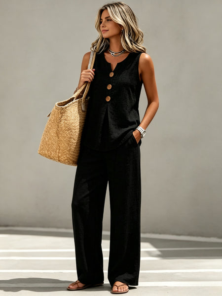Spring Summer Women's Matching 2pcs Sets, V-Neck Sleeveless Button Top & Flowy Wide Leg Pants, Casual Resort Style Loungewear, Perfect for Summer Holiday, Staycation & Casual Outings, Holiday Essential