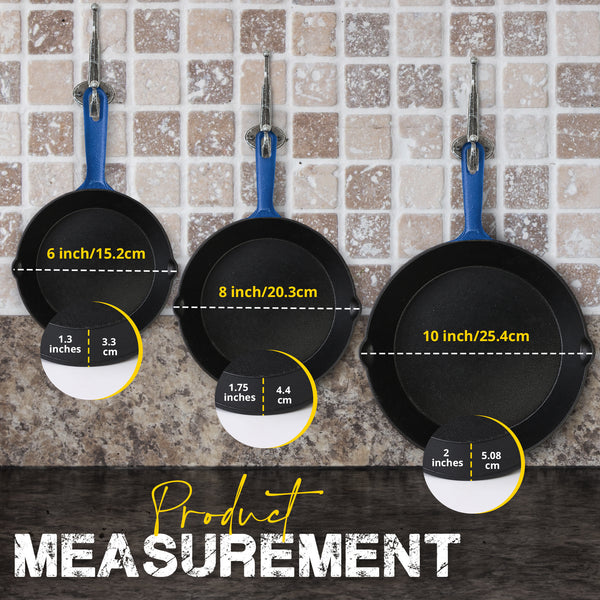 KICHLY Pre-Seasoned Cast Iron Skillet 3pcs Set - 6 Inch 8 Inch 10 Inch Cast Iron Pan