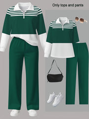 Women's 2pcs Suit Set - Striped Half-Pallet Pullover Top & Solid Color Pants with Zipper Closure, High-Elasticity Straight Leg Pants, Loose Fit for Commuting, Office & Daily Wear - All-Season Professional Attire (2pcs Matching Set)