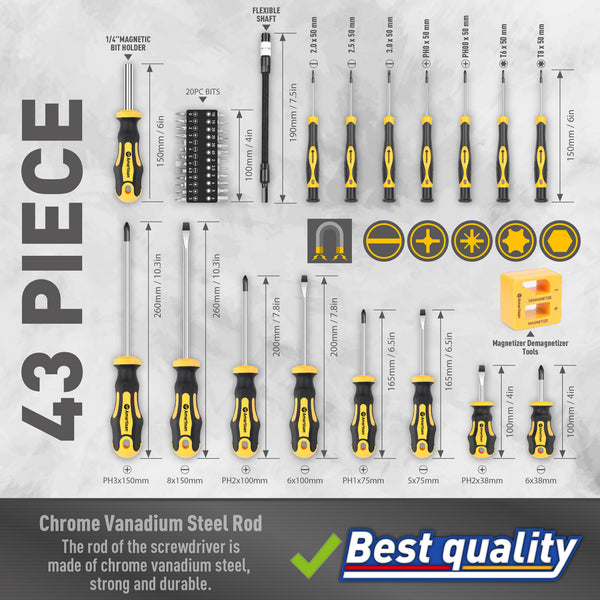 Amartisan 43pcs Magnetic Screwdriver Set with Case, Chrome Vanadium Steel, Includes Slotted, Phillips, Hex, Pozidriv, Torx & Precision Screwdrivers, Magnetizer/Demagnetizer, Flexible Shaft for Home Repair, DIY & Professional Use