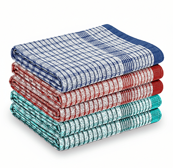 Checked Tea Towels Dish Cloths Pack of 5 Cotton Towels Quick Dry Large Size 50x75cm