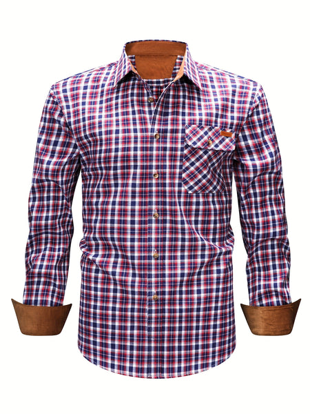 New  Brushed Plaid Flannel Men's Long Sleeve Shirt, Two-Tone Design, Thickened Autumn Casual Shirt for Men's Daily Vacation Streetwear, Comfortable Fit