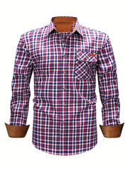 New  Brushed Plaid Flannel Men's Long Sleeve Shirt, Two-Tone Design, Thickened Autumn Casual Shirt for Men's Daily Vacation Streetwear, Comfortable Fit