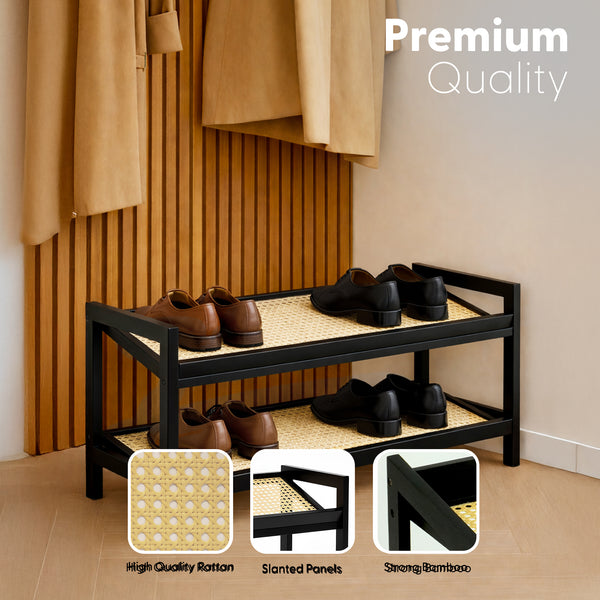 KEPLIN 2/3/4-Tier Bamboo and Rattan Shoe Rack Organizer – Durable, Easy Assembly – Compact Design for Entryway, Closet, or Hallway – Stylish and Functional Storage – Black and Natural