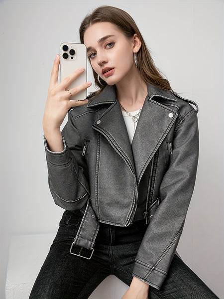 Women'S PU Motorcycle Jacket with Full-Zip Front Closure, Asymmetrical Zipper & Belted Waist - All-Season Casual Biker Jacket, Regular Fit Long Sleeve, Full-Length Zipper & Buckle Closure, White/Black Color Options for Everyday & Motorcycle Riding - Durab