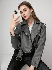 Women'S PU Motorcycle Jacket with Full-Zip Front Closure, Asymmetrical Zipper & Belted Waist - All-Season Casual Biker Jacket, Regular Fit Long Sleeve, Full-Length Zipper & Buckle Closure, White/Black Color Options for Everyday & Motorcycle Riding - Durab