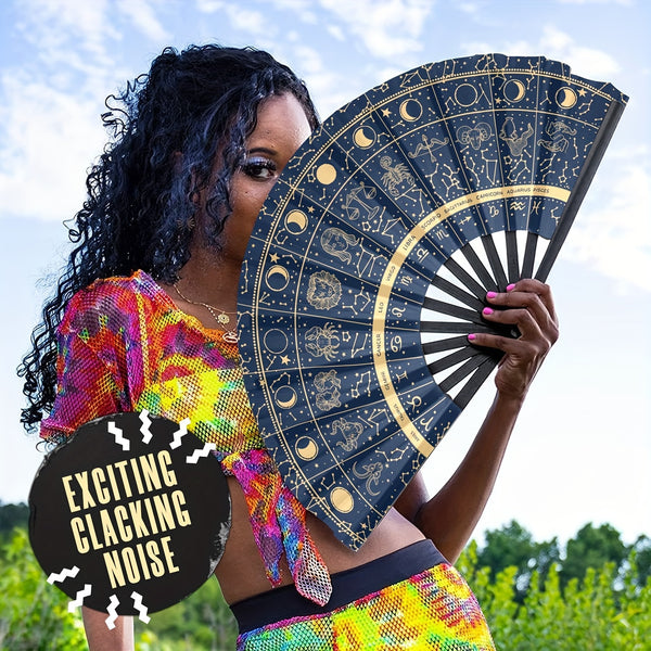 [Golden Zodiac Fan] Golden Navy Blue Zodiac Constellation Folding Hand Fan | Novelty Design for Dance Cosplay, Weddings, Parties & Role-Playing Props