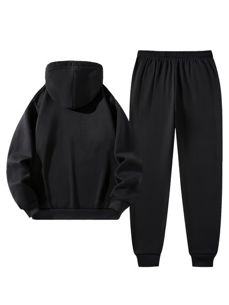 2pcs Cartoon NORWAY Letter Drawstring Hoodie and Sports Trousers Set | Casual Hooded, Slight Stretch Fabric, Patterned, Loose Fit for Men, Ideal for Fall/Winter