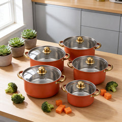 Stainless Steel Soup Pot Set (10PCS), Multi-Purpose Household Milk and Soup Pots, Multiple Sizes for Daily Cooking, Hot Pot and Noodles, Gold-Plated Handle, Orange