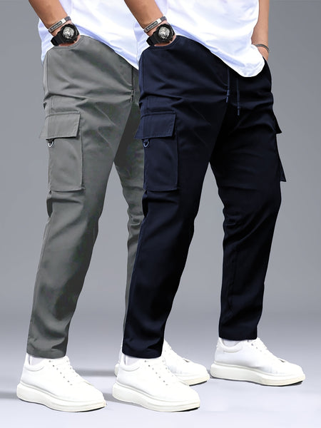 Men's 2pcs Cargo Pants with Drawstring Waist and Multiple Pockets, Suitable for Outdoor Casual Wear