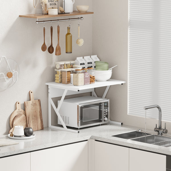 2-Tier Microwave Oven Shelf Stand, Kitchen Countertop Storage Rack Spices Rack Freestanding, Home Office Printer Stand Multifunctional Unit Shelving Wood Top Metal Frame