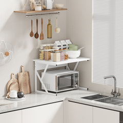 2-Tier Microwave Oven Shelf Stand, Kitchen Countertop Storage Rack Spices Rack Freestanding, Home Office Printer Stand Multifunctional Unit Shelving Wood Top Metal Frame