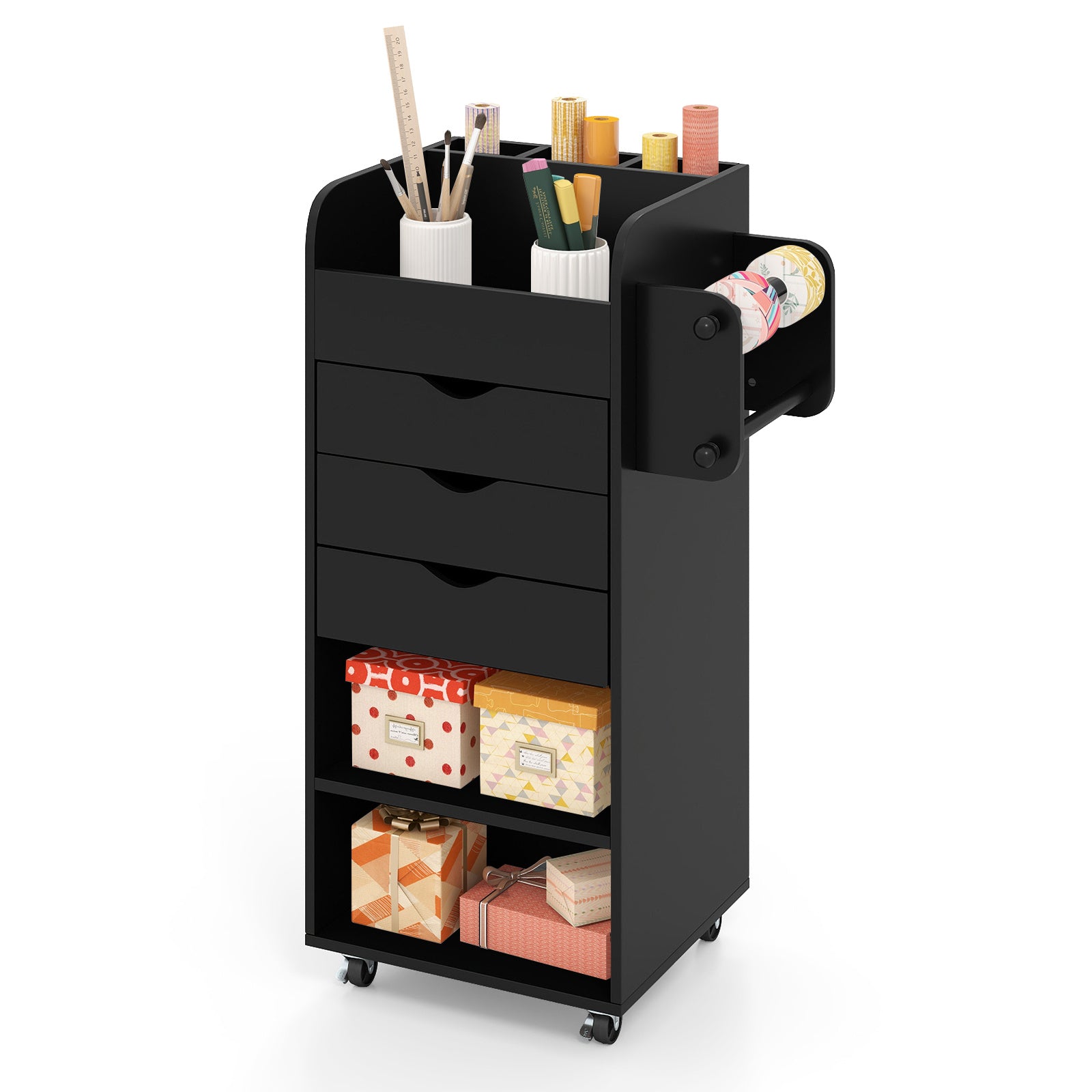 GOFLAME Rolling Storage Cart, Mobile Storage Cabinet with 3 Drawers, 2 Open Shelves, 2 Dowel Rods, Craft Utility Cart for Home, Office, Kitchen, Bathroom