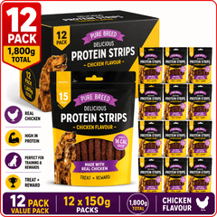 Pure Breed 12 Pack Chicken Dog Treats – Protein Strips | High Protein Dog Chew Strips | Low Calorie Dog Reward Treats | Resealable Pouch 150g Each | Bulk 1.8kg (12x150g)
