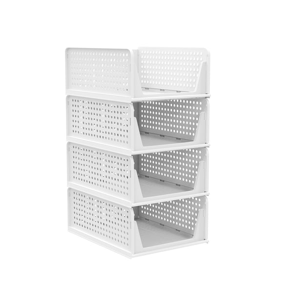 Set of 4 Stackable Foldable Wardrobe Storage Box Organizer, Plastic White Wardrobe Shelves Closet Organiser Box, Pull Out Like a Drawer, Suitable for Home, Bedroom, Kitchen (Easy Open and Folding)