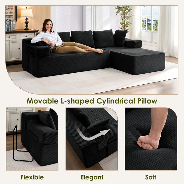 ROXGOX L-Shaped Sectional Sofa with Reversible Chaise, Left or Right Facing Modular Couch, No Assembly Required, Perfect for Small Apartment, Black Borwn Grey