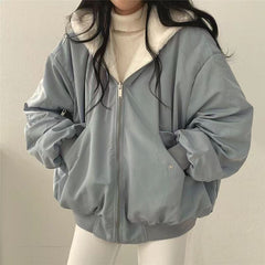 Women's Winter Double-Sided Plush Padded Jacket with Hood & Pockets - Thickened Lamb Outer Coat, Zipper Closure, Solid Color Casual Sweater for Cold Weather (No elastic fabric)