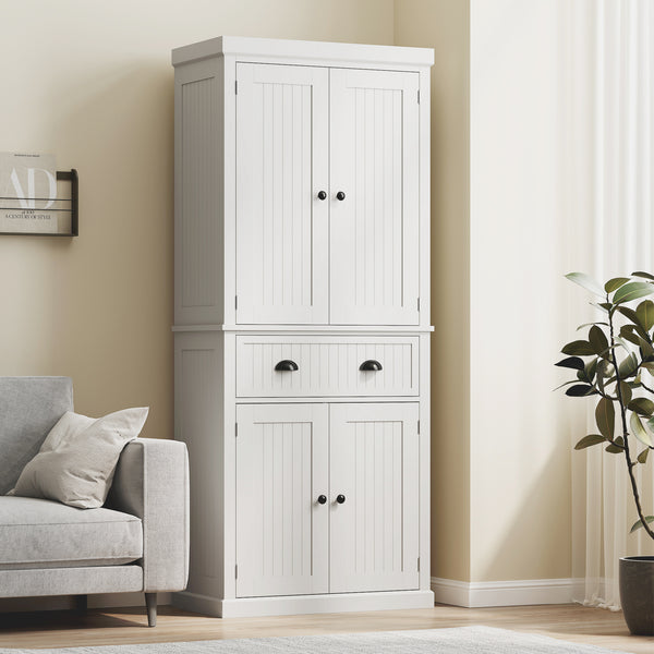 183 cm Tall Kitchen Cabinet, Freestanding Storage Cabinet with 4 Doors, Drawer and Adjustable Shelves, Kitchen Cupboard for Dining Room, White