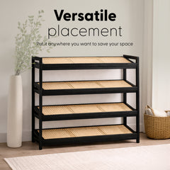 KEPLIN 2/3/4-Tier Bamboo and Rattan Shoe Rack Organizer – Durable, Easy Assembly – Compact Design for Entryway, Closet, or Hallway – Stylish and Functional Storage – Black and Natural
