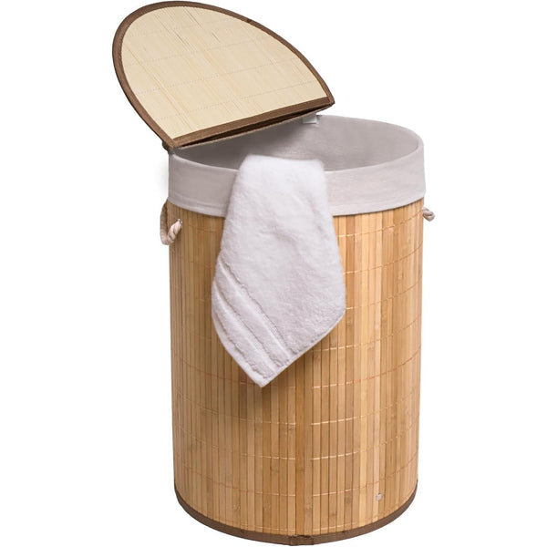 50L Folding Bamboo Laundry Basket Bin Hamper Basket Clothes Storage Organizer With Lid & Removable Washable Bag Carry On Handles