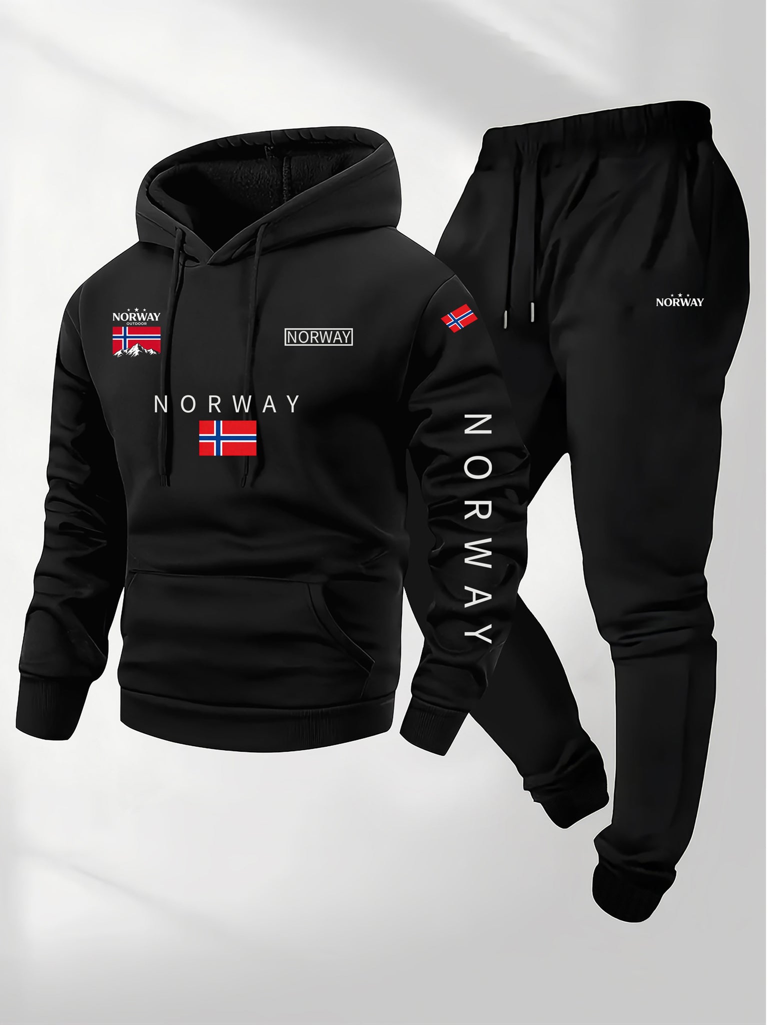 2pcs Cartoon NORWAY Letter Drawstring Hoodie and Sports Trousers Set | Casual Hooded, Slight Stretch Fabric, Patterned, Loose Fit for Men, Ideal for Fall/Winter
