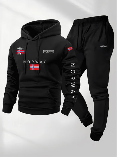 2pcs Cartoon NORWAY Letter Drawstring Hoodie and Sports Trousers Set | Casual Hooded, Slight Stretch Fabric, Patterned, Loose Fit for Men, Ideal for Fall/Winter