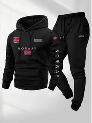 2pcs Cartoon NORWAY Letter Drawstring Hoodie and Sports Trousers Set | Casual Hooded, Slight Stretch Fabric, Patterned, Loose Fit for Men, Ideal for Fall/Winter