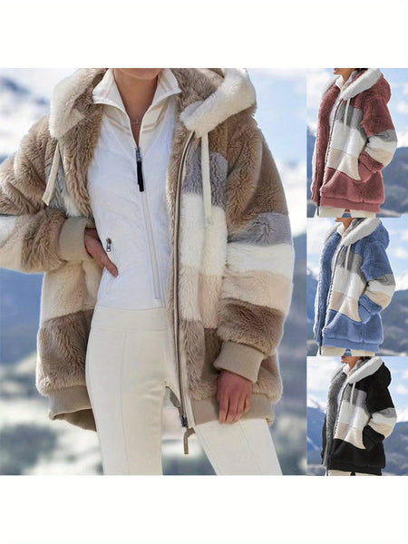 Women's Warm -Lined Hooded Winter Coat with Jacket - Brown & White Geometric/Striped Outer, Zippered Pockets, Machine Washable Casual Outerwear for Weather (Non-Stretch) | - Outer Jacket for women