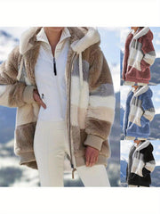 Women's Warm -Lined Hooded Winter Coat with Jacket - Brown & White Geometric/Striped Outer, Zippered Pockets, Machine Washable Casual Outerwear for Weather (Non-Stretch) | - Outer Jacket for women
