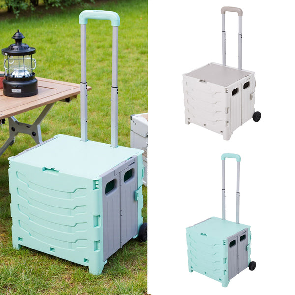 Grey/ Green Foldable Office Trolley, Portable Folding Shopping Trolley, Two-wheel Large-capacity Storage Box, Portable Pushable Shopping Cart Storage Box, Adjustable Railings