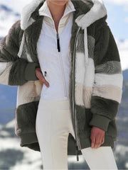 Women's 2025 Autumn Winter Warm Patchwork Hooded Coat - Zip Pockets Loose Fit Oversized Casual Outerwear
