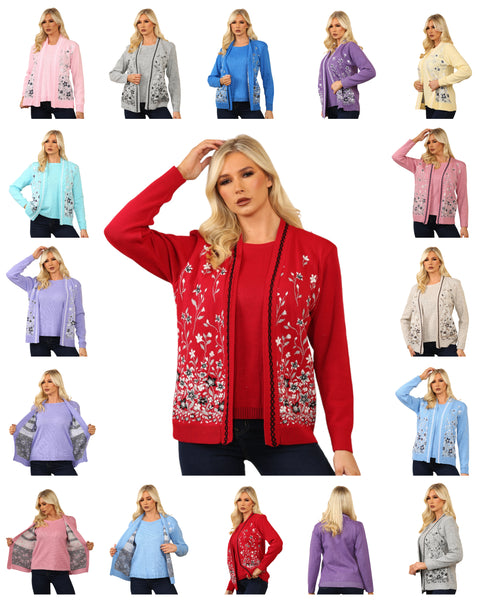 Ladies Twin Set Floral Sweater Womens Knitted Tank Top Cardigan Jumper