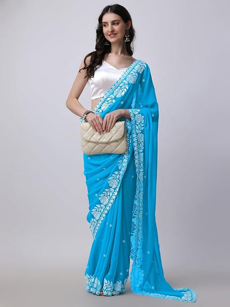 Estationeryhouse Women's Georgette Embroidery Border Work Designer Saree with Blouse Piece