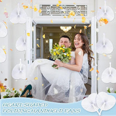 30pcs White Heart Shaped Folding Accordion Paper Fans for Wedding Celebrations, Party Decorations and DIY Painting