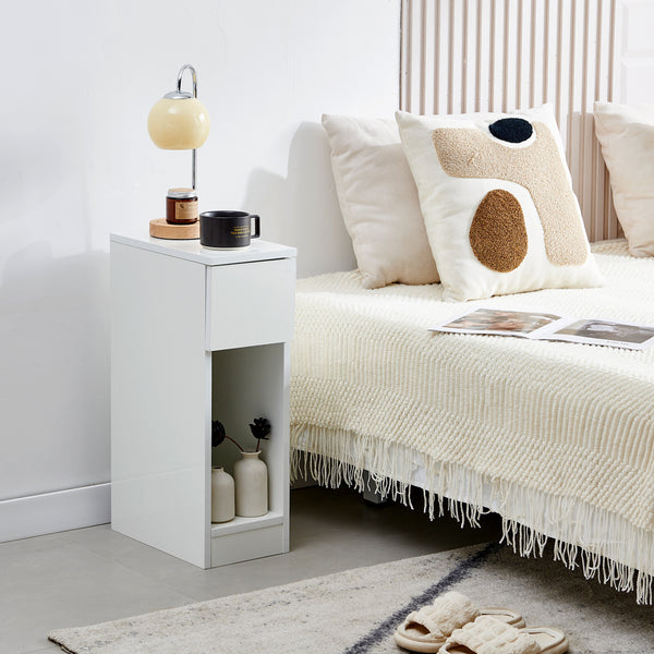 Slim Bedside Table, High Gloss Narrow Nightstand, Small Bedside Cabinet with Storage Space Saving for Bedroom Storage Unit, Living Room Small Sofa Side End Table