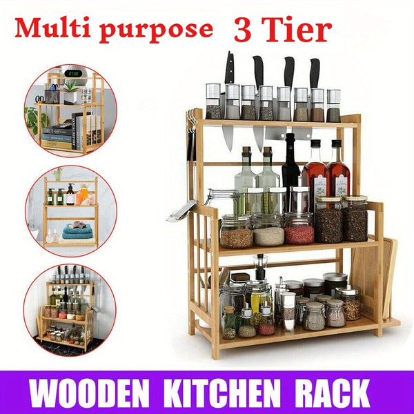 3 Tier Wooden Spice Rack Knife Holder Kitchen Organiser Shelf Stand Adjustable