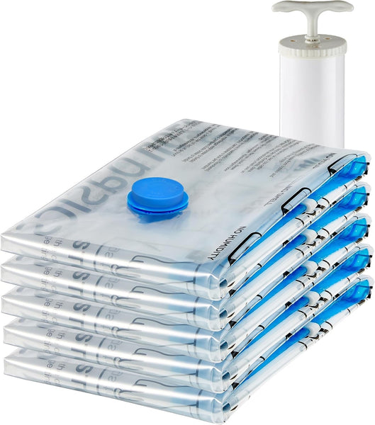 Amazon Basics Vacuum Compression Zipper Storage Bags with Airtight Valve and Hand Pump, Large, 5-Pack, Clear