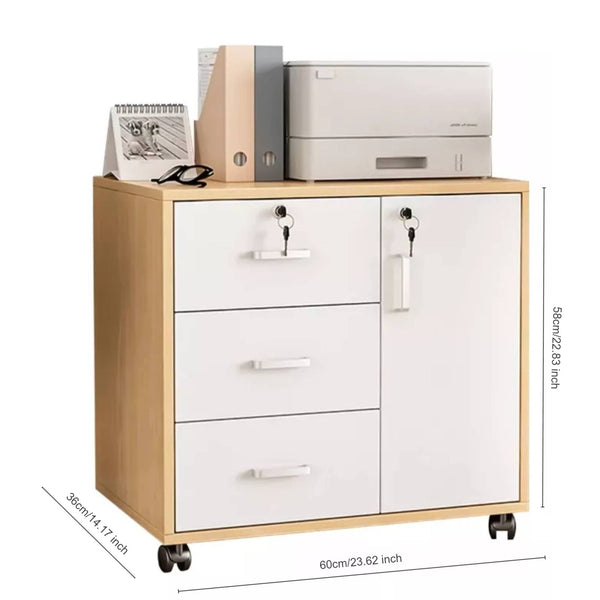 Three-Drawer File Cabinet, Movable Printer Stand with Adjustable Shelf, Rolling Lateral Filing Cabinet on Wheels, Bedside Storage Unit with Lock And Removable Wheels, Anti-Theft End Table for Document Storage in The Bedroom