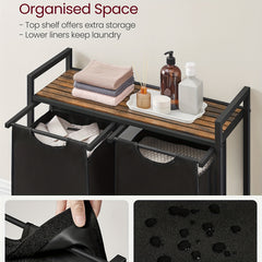 Dirty Laundry Basket, 2 Compartments, Bin, with 2 Removable Oxford Cloth Bags, Metal Frame, 2 X 46 Litres, 73 X 33 X 72cm, Laundry Baskets