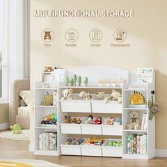 Toy Storage Units and Bookcase | With 8 Fabric Bins, Open Shelves, Display Rack, Suitable for Bedroom, Nursery, Playroom, Kindergarten, White - HZUANERI