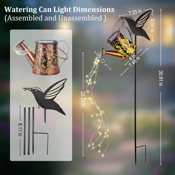 Solar Lights Garden Decorations, LED Watering Can Star Shower Art Light with Hummingbird Bracket, Solar String Lights Waterproof for Garden Patio Yard Pathway Outdoor（Warm White）