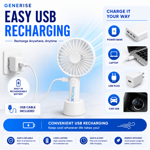 UK LOCAL SELLER - 3 Speed Rechargeable Portable Handheld Fan 21cm – USB Charging Mini Cooling Fan with Built-in Battery, Lightweight 165g, 2-in-1 Handheld & Desk Use with Stand for Home, Office, Travel & Outdoor Use | Sent and Fulfilled from UK Warehouse
