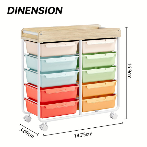 KINGRACK 10 Tier Office Rolling Storage Cart with Large Drawers, Mobile Organizer with Tabletop, Multi-Purpose Utility Cart for Home, Office, And Classroom, Easy to Move with Wheels, Storage Drawer Units