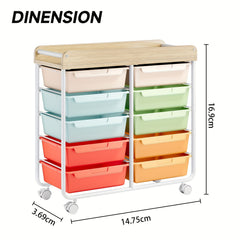 KINGRACK 10 Tier Office Rolling Storage Cart with Large Drawers, Mobile Organizer with Tabletop, Multi-Purpose Utility Cart for Home, Office, And Classroom, Easy to Move with Wheels, Storage Drawer Units