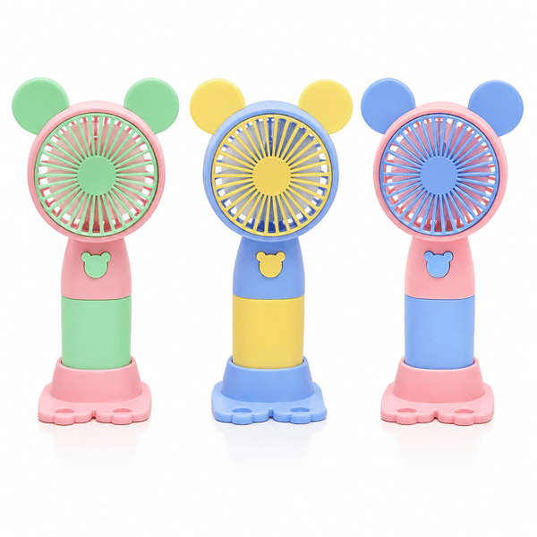 Cute USB Rechargeable Handheld Fan with Stand – Portable Mini Desk Cooling Fan 3 Speed Levels – Random Colour - 1pc INCLUDED