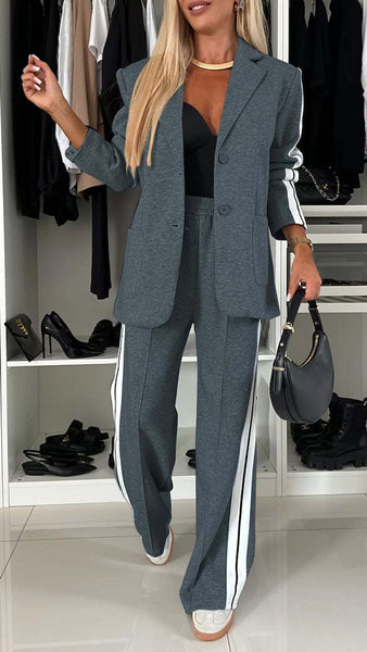 Women's Casual Fashion Commuter Light s Style Side-Stripe Decorated Long Sleeve Blazer And Pants Two-Piece Suit Set - Polyester, Machine Washable, Ideal for Spring And Autumn Seasons.